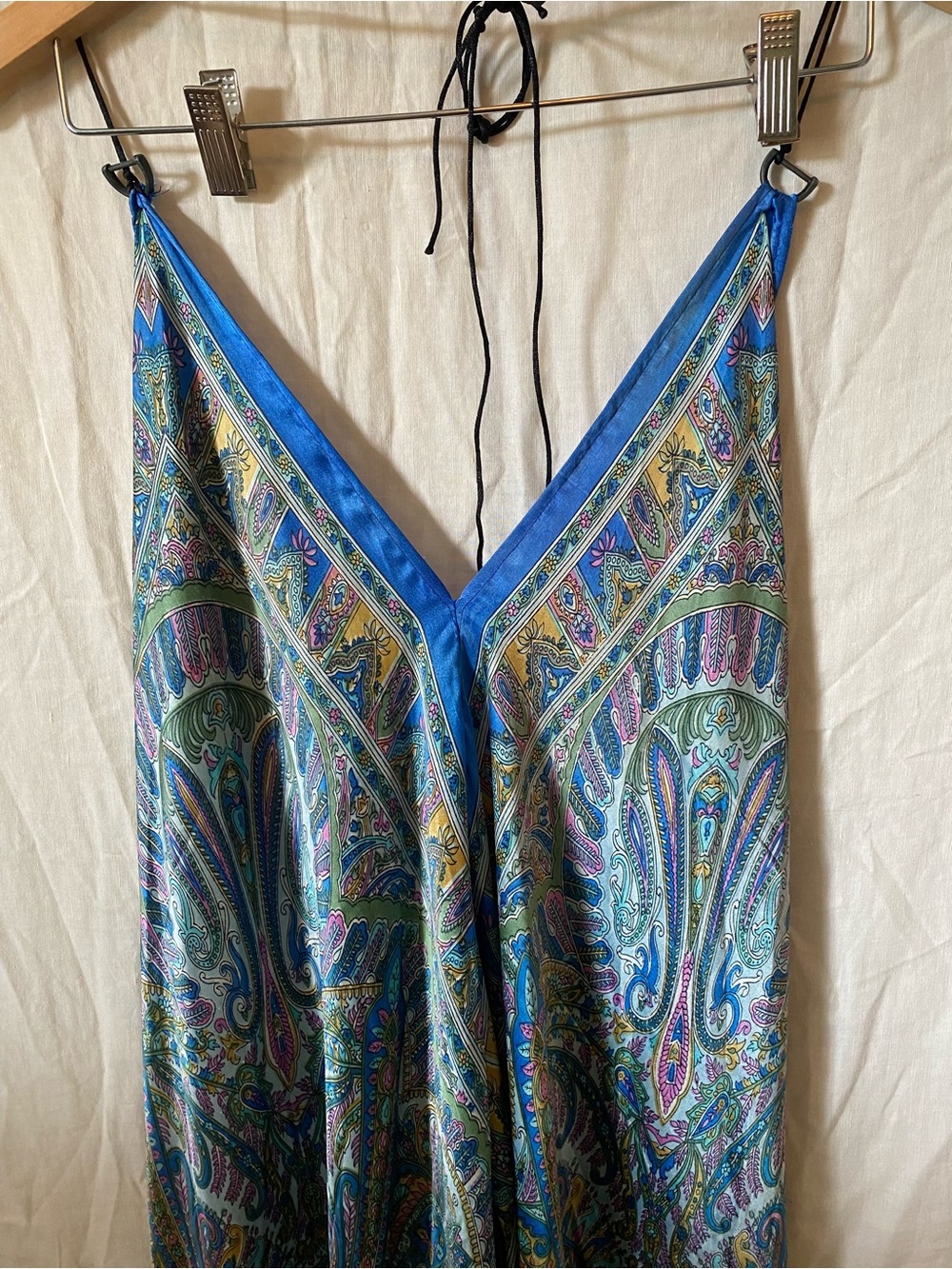 Silky Paisley Halter Dress in Teal & Blue - Deep V’s - Medium/Small even Large